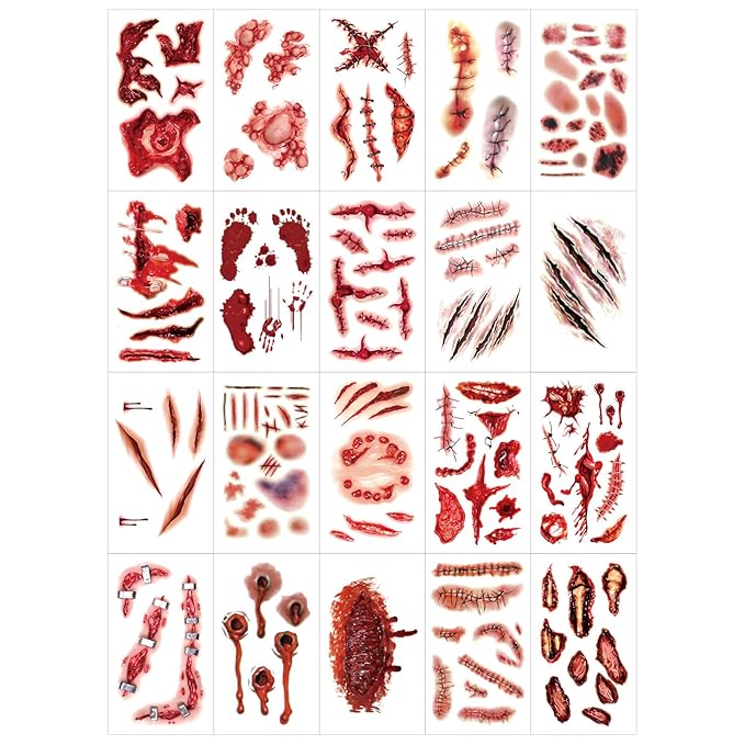 20 Sheets Halloween Scar Face Temporary Tattoos – Realistic Bloody Wounds, Stitches, Bruises & Scratch Fake Tattoos for Zombie Makeup, Scar Makeup, Bride of Chucky Costume, Cosplay