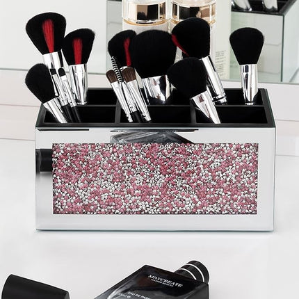SHYFOY Mirrored Makeup Brush Holder Organizer with Pink Crushed Diamond, 6 Slots Glass Makeup Cosmetics Brushes Organizers and Storage for Vanity Countertop