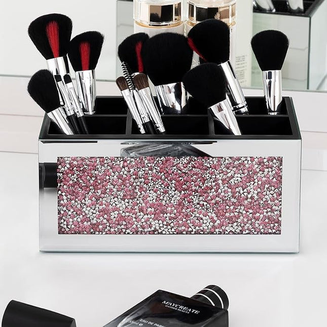 SHYFOY Mirrored Makeup Brush Holder Organizer with Pink Crushed Diamond, 6 Slots Glass Makeup Cosmetics Brushes Organizers and Storage for Vanity Countertop