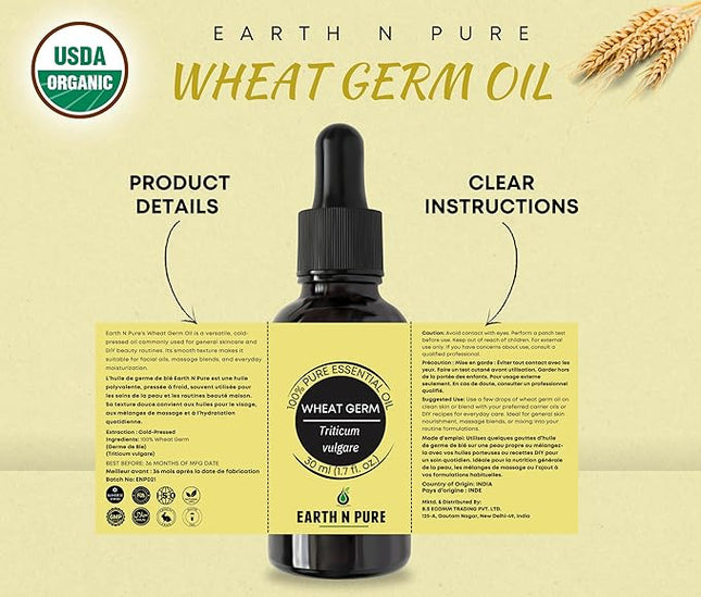 Earth N Pure Wheat Germ Oil (Gehu Oil) Cold Pressed, Natural and Therapeutic Grade - 15 ml