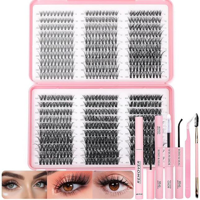 Lash Clusters Kit, 600 Pcs Eyelashes Clusters Extensions Kit 9-18mm Individual Lashes D Curl Fluffy Wispy False Eyelashes, with Bond Seal Remover Tweezers Brush DIY (20D+30D+40D+50D+60D+80D Kit)