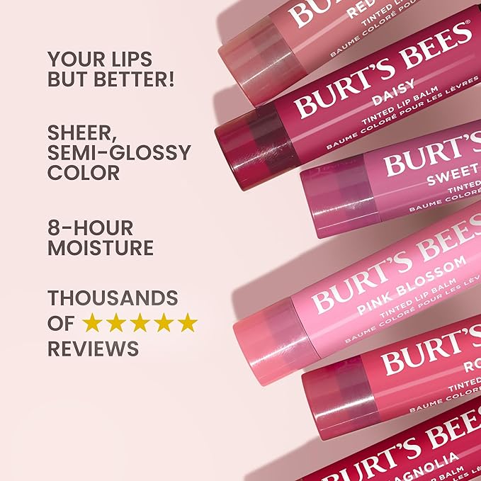 Burt's Bees Lip Tint Balm with Long Lasting 2 in 1 Duo Tinted Balm Formula, Color Infused with Deeply Hydrating Shea Butter for a Natural Looking Buildable Finish, Raspberry Zinnia (2-Pack)
