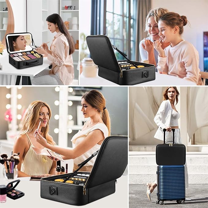 Large Travel Makeup Bag with LED Mirror, 3-Color Stepless Dimming Stand Mirror Detachable, with Adjustable Divider, Makeup Brush Holder Storage (Black)