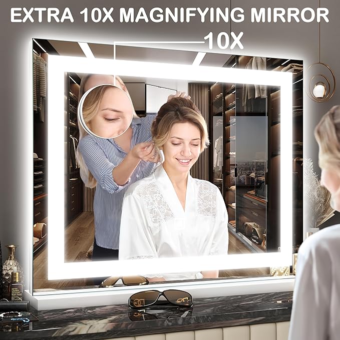 FENNIO 22" x 20" Vanity Mirror with Lights，LED Makeup Mirror，Hollywood Mirror with 3 Color Modes & Adjustable Brightness，Vanity Mirror Square White