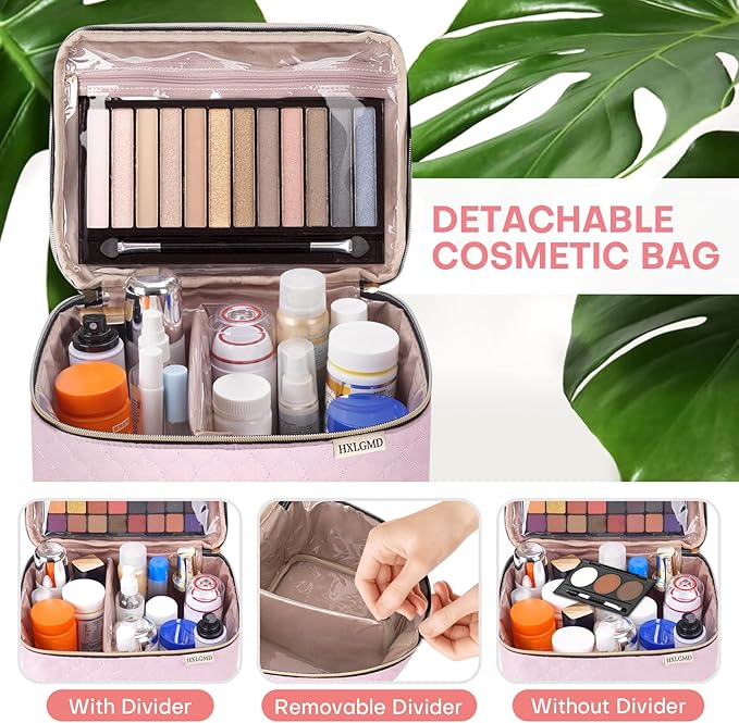 Large Makeup Bag with Mirror Double Layer Travel Make Up Organizer Case, Large Capacity Coemetic with Brush Slot Divider, Travel Toiletry Bag for Women (Pink)