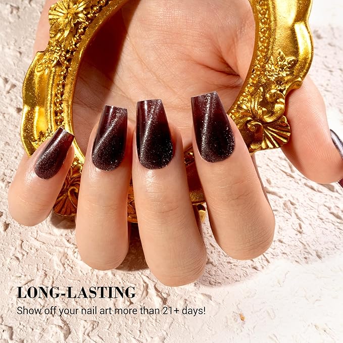 MelodySusie Semi Cured Gel Nail Strips (Wine Red Cat Eye)- Works with Nail lamp, Salon-Quality, Long Lasting, Easy to Apply & Remove - Includes 20Pcs, 2 Prep Pads, Nail File & Wooden Stick