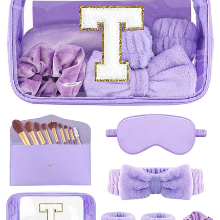 Gift Sets for Women, Initial Makeup Bag with Makeup Brush Set Bachelorette Party Favors, Purple Spa Kit with Skincare Headbands Wrist Bands Sleepover Party Supplies Gifts for Teen Girls Bridesmaid T