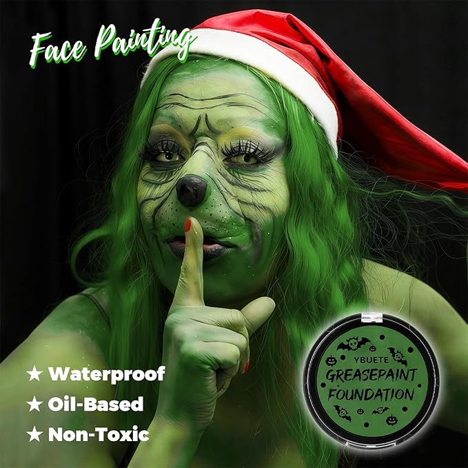 Green Oil Based Face Paint Foundation, Professional Green Greasepaint for St. Patrick's Day, Halloween Face Body Paint for Witch Shrek Hulk Goblin SFX Costume Makeup