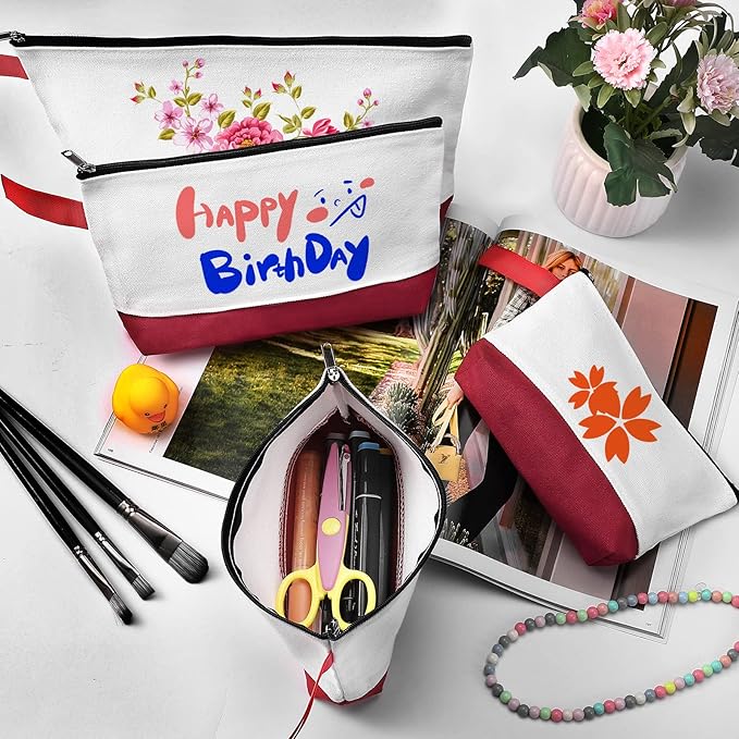 10 Pieces Cotton Canvas Makeup Bag with Bottom and Strap, Multi-Purpose Cosmetic Bag with Zipper Travel Toiletry Pouch, Blank DIY Craft Bag (White&Red, XS)