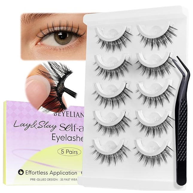 BEYELIAN Self Adhesive Eyelashes Reusable Press on Lashes, Pre Glued Eyelashes,No Glue Need Wispy Lashes Natural Look Faux Mink False Eyelashes 5 Pairs ZCV-172