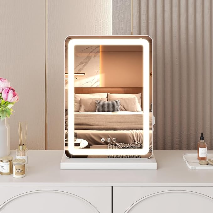 Sweetcrispy 17"x13" LED Vanity Mirror with Lights, Dimmable 3 Color Modes Makeup Mirror with Memory Function, USB Charging, Aluminum Frame, Lighted Mirror for Desk or Bedroom