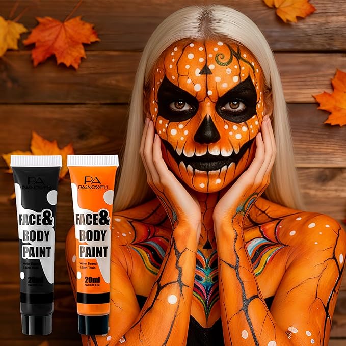 Black and Orange Face Paint - Water-Based Non-Toxic Face Body Paint Kit for Pumpkin Tiger Makeup, Cream Formula face painting for Halloween Cosplay SFX Makeup，Costume Parties