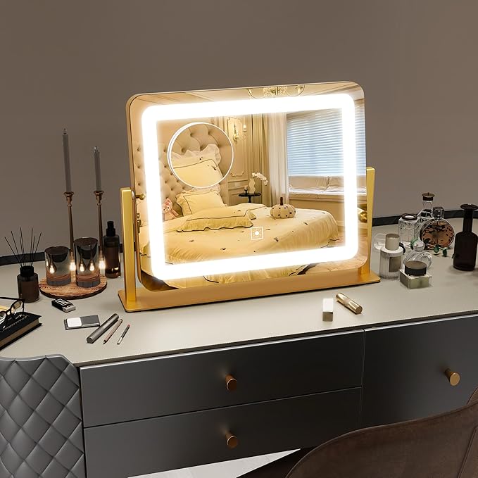 Gold Vanity Mirror with Lights 15" x 12", Lighted Makeup Mirror with 10X Magnification, 3 Color Lighting & Dimmable Brightness, Make Up Mirror with Lighting for Bedroom Tabletop