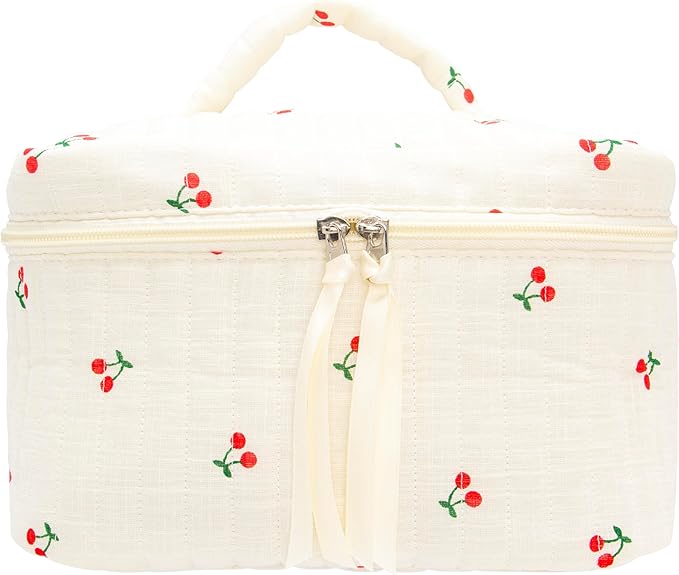 PAZIMIIK Quilted Makeup Bag Large Travel Zipper Soft Cosmetic Case for Women Girls Make Up,Cherry Beige