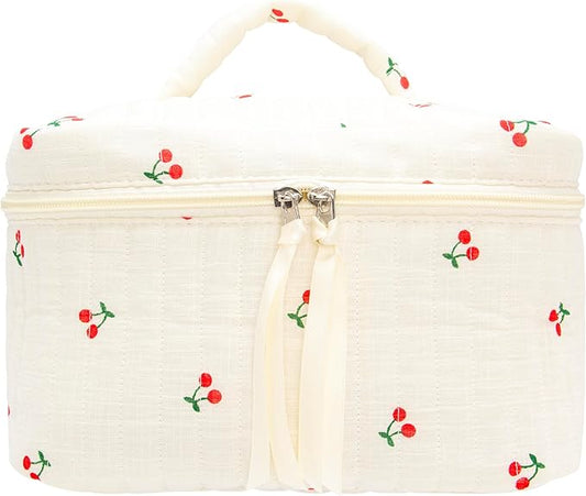 PAZIMIIK Quilted Makeup Bag Large Travel Zipper Soft Cosmetic Case for Women Girls Make Up,Cherry Beige