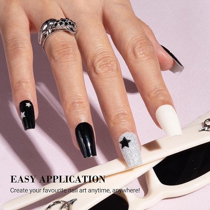 MelodySusie 20 PCS Semi Cured Gel Nail Strips UV Light Required, Durable and Salon Quality (Black and White)