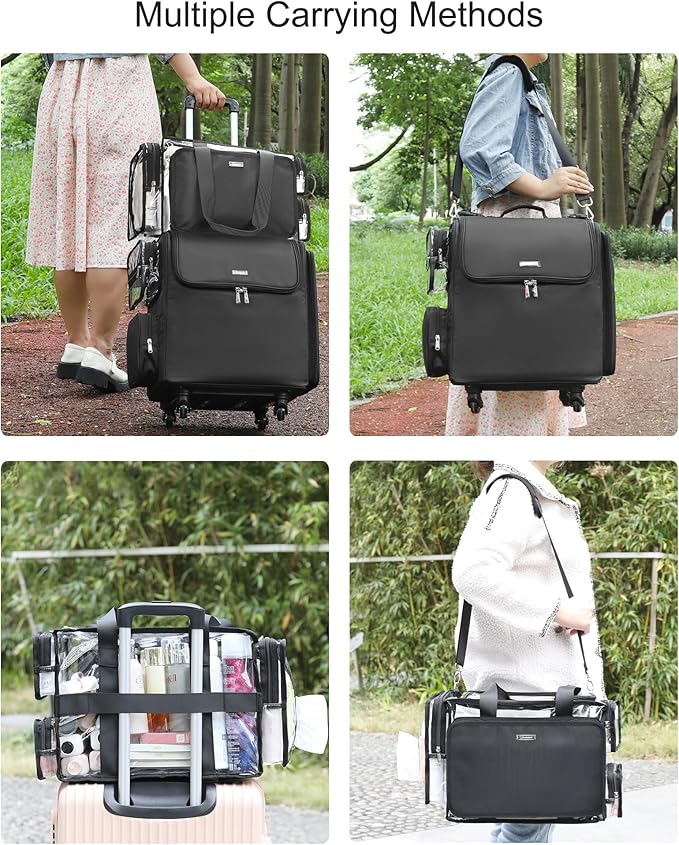 Relavel Rolling Makeup Train Case with Large Clear Makeup Bag, Hairstylist Traveling Bag with 4 Wheels, Cosmetic Storage Organizer Hair Stylist Travelling Bag with Adjustable Dividers & Shoulder Strap