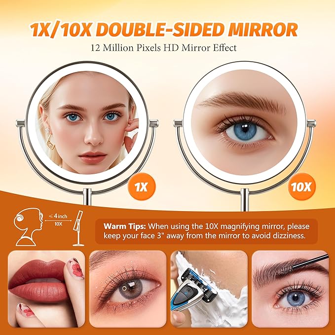 Lighted Makeup Mirror with Magnification: 1X/10X Magnifying Vanity Mirror with 3 Color Dimmable Light, 9" Large Rechargeable Standing Desk Mirror, Base Touch & Base Charging Port, Touch Sensor, Nickel