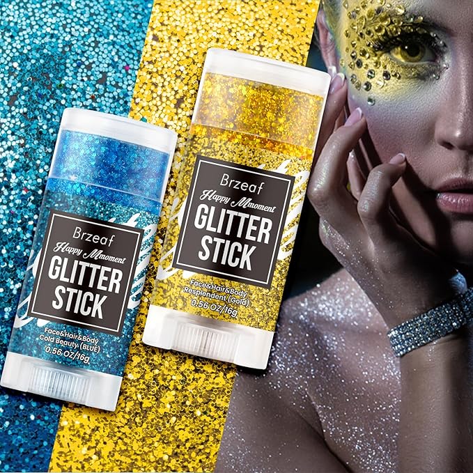 Brzeaf Waterproof Gold Glitter Stick, Face Glitter Makeup, Shimmery & Long Lasting, Chunky Glitter for Face/Body/Hair/Eyes/Lip, Singer Concert Music Halloween Christmas Rave Festival