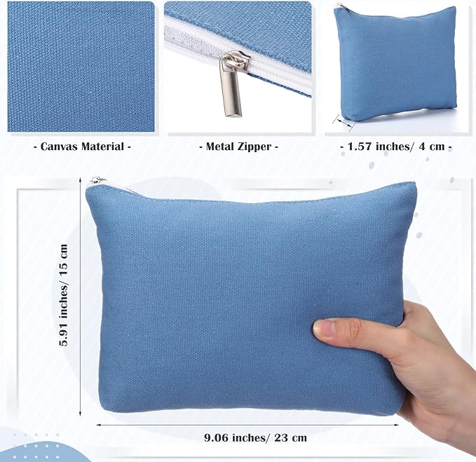 Reginary 10 Pcs Canvas Makeup Bags Bulk for Women Blank DIY Pencil Pouch Travel Toiletry Cosmetics Bags Gift for Christmas Breast Cancer Awareness Thanksgiving Wedding Nurses Teacher(Blue)