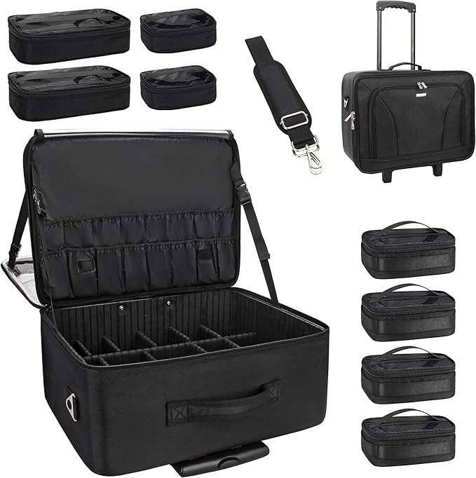 MONSTINA Rolling Makeup Train Case with Eight Small Makeup Bag, Makeup Case for Hairstylist,Makeup Artist Trolley Travel Makeup Case with Adjustable Divider (Black)