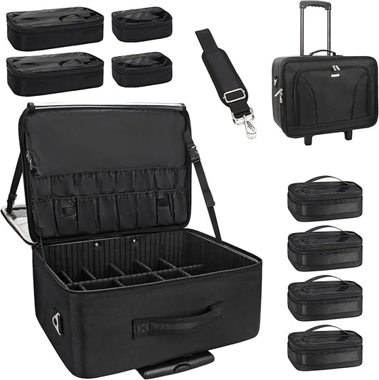 MONSTINA Rolling Makeup Train Case with Eight Small Makeup Bag, Makeup Case for Hairstylist,Makeup Artist Trolley Travel Makeup Case with Adjustable Divider (Black)
