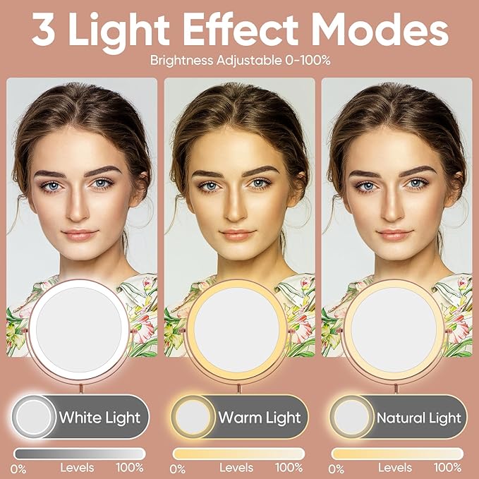 Nicesail LED Makeup Mirror 10X Magnification, 8 Inch Light Magnifying Mirror with 3 Color Light, Height Adjustable Brightness Vanity Mirror with Stand, 360 Rotation Double Sided for Make up, Rose Gold
