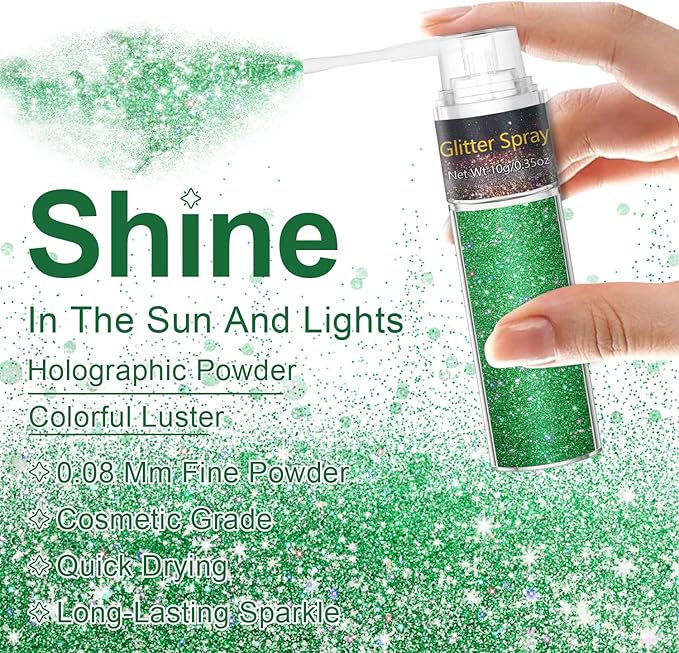 Hair and Body Glitter Spray, 1PC St Patricks Day Accessories Hair Glitter Extra Fine Face Shimmer Powder for Clothes, Festival Loose Sparkle Powder for Rave Nail Art Easter Crafts (Green)