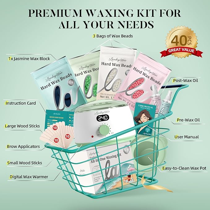 LANSLEYWAX Digital Waxing Kit for Women Men - Green Waxing Machine with 39 Accessories - Hard Wax Kit for Arms Legs Brazilian Bikini Facial Sensitive Skin, Wax Warmer Hair Removal for Home/Salon Use