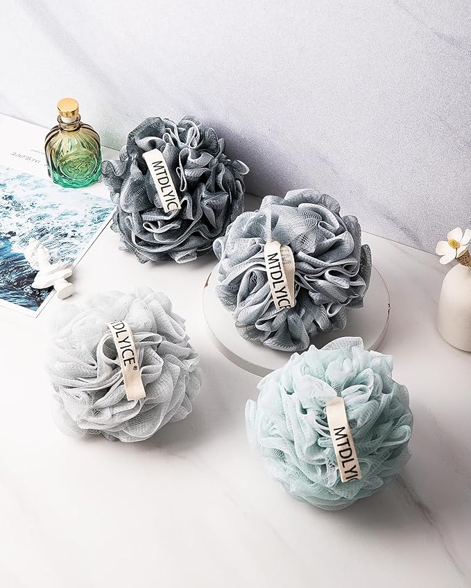 Loofah Sponge, XXL Large Loofah 100g 4 Pack, Bath Sponge Soft Mesh Shower Loofah for Men, Body Scrub, Shower Pouf Bath Accessories, for Body Wash, Soap (Blue Gray)