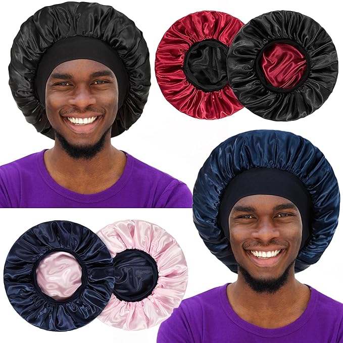 2pcs Bonnet for Men, Bonnets for Women, Satin Silk Hair Bonnet for Sleeping, Reversible Double Layer Wide Band Sleep Cap for Curly Hair Braids