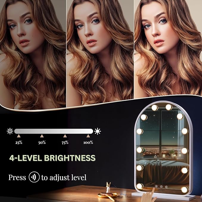 LUXFURNI Vanity Mirror with Lights, 24.5" x 15.8" Arched LED Makeup Mirror, Lighted Hollywood Mirror with Lights, Smart Touch Control Dimmable 3 Modes Light, White