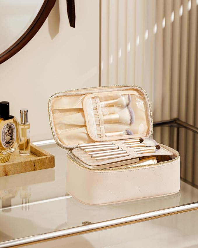 Makeup Bag for Women Small Travel Makeup Bag Organizer Portable Toiletry Bag Cute Makeup Bags Waterproof Leather Cosmetic Bag Makeup Case with Handle, Beige