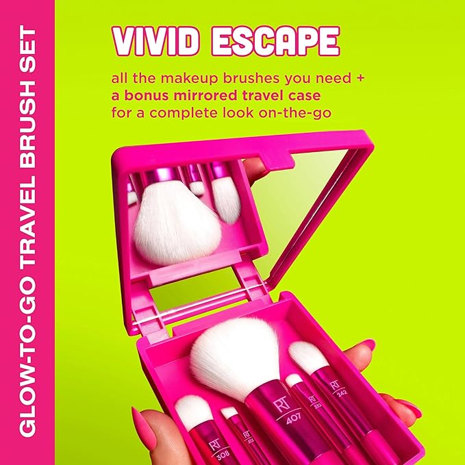 Real Techniques Vivid Escape Glow-To-Go Travel Makeup Brush 6 Piece Set, Mini Size Makeup Brushes For Eyeshadow, Concealer, Contour, & Blush, Includes Mirror Cosmetic Case, Cruelty-Free & Vegan