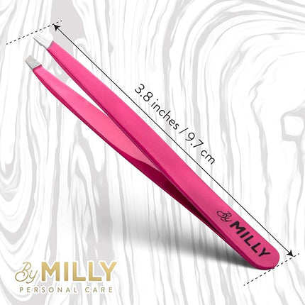 Professional Slanted Tweezers for Women and Men | High Carbon Stainless Steel Sharp Tweezer | Tweezers for Women Facial Hair Plucking, Hand-Filed & Aligned Precision Slant Tips - Pink