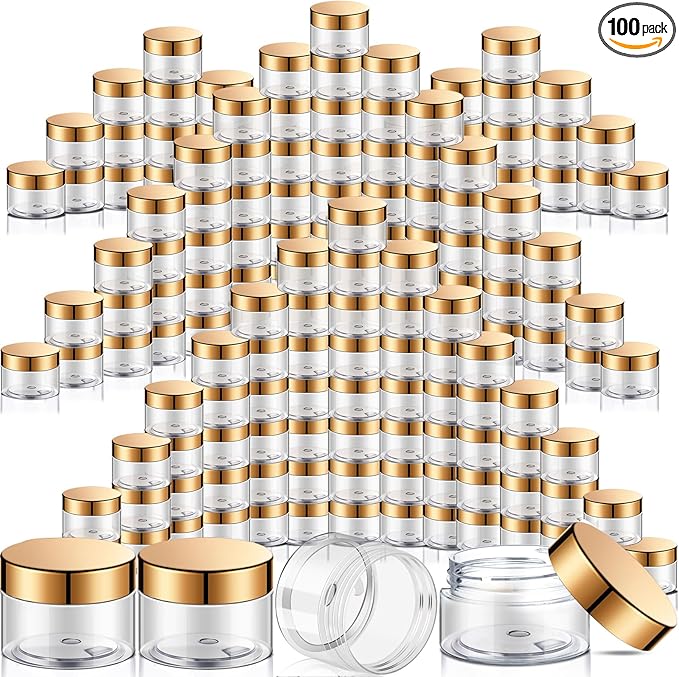 SATINIOR 100 Pcs Plastic Jars with Lids Small Containers Lids Wide Mouth Small Plastic Containers for Lotion Cream Rhinestones Body Butters Travel Storage(2 oz,Gold)