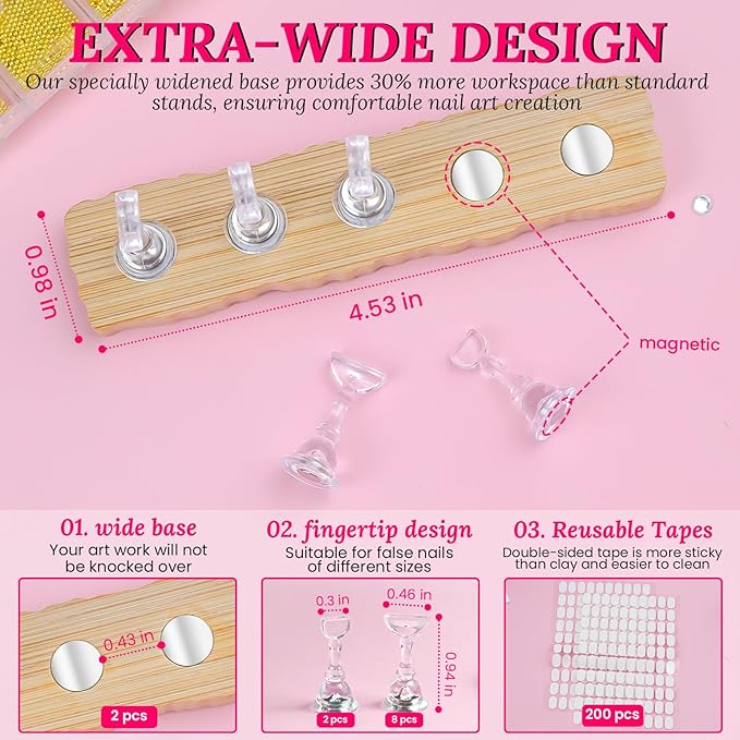 Nail Stand for Press On Nails Art Display Practice 2 Sets, 1 Heart Shaped Acrylic Magnetic Nail Stands, Fake Nail Holder Tips With 200 PCS Double-Sided Tape, Nail Kit Home DIY Salon Supplies