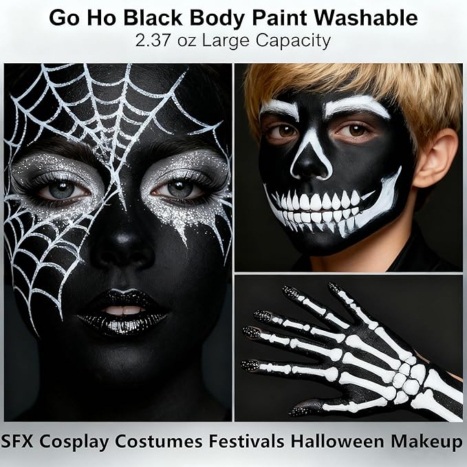 Go Ho Black Face Body Paint Washable(2.37oz/pc),Water Based Cream Face Paint,Skull Skeleton Zombie Clown Makeup,Black Body Paint for SFX Cosplay Costumes Festivals Halloween Makeup