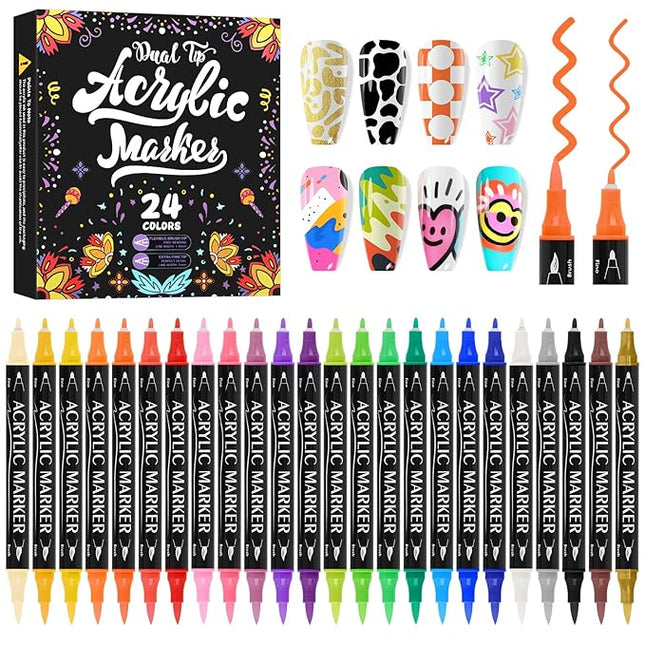 Kalolary 24 Colors Nail Art Pens Set, Nail Polish Pens Double-Ended Acrylic Paint Pen Nail Art Markers Quick-Drying Nail Art Tools for Dotting Drawing Painting DIY Nail Art Beauty Manicure（D）