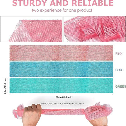 UJFQBH 3 Pieces African exfoliating net African Net Long Net Bath Sponge Exfoliating Shower Body Scrubber Back Scrubber Skin Smoother,Great for Daily Use (Pink, Blue, Green)