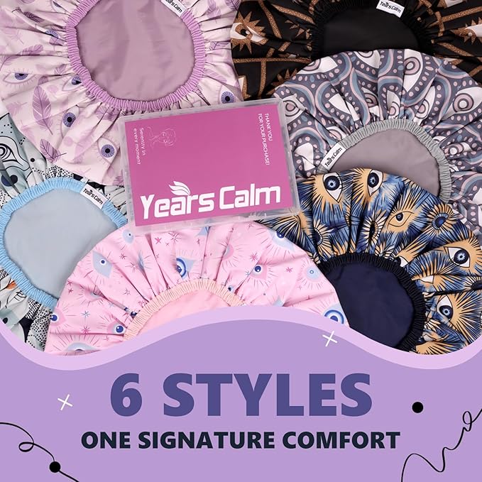 Years Calm Evil Eye Shower Caps for Women Reusable Waterproof, Pattern and Solid Color Dual-Layer Design, Hair Cap for Shower with Elastic Band, Fits Braids, Dreadlocks & Long Hair (Purple)