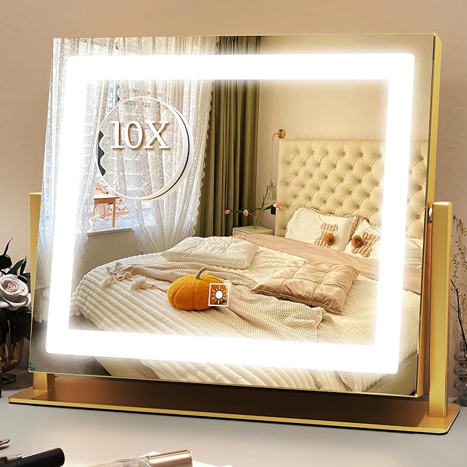 Gold Vanity Mirror with Lights 14x11 Inch, Lighted Makeup Mirror, Smart Touch 3 Colors Dimmable, 10X Magnification, Dresser Mount, Modern Style