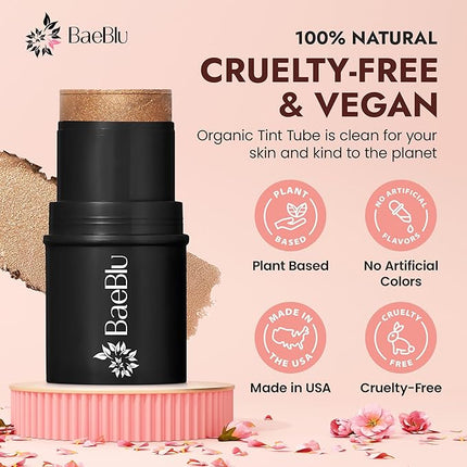 BaeBlu - Organic Blush Tube, Brandy - 100% Natural Vegan Cream Blush Sticks, Multi-Use Bronzer, & Highlighter for Lips, Cheeks & Eyes, Buildable Shimmer, Gluten-Free, Paraben-Free, Made in USA