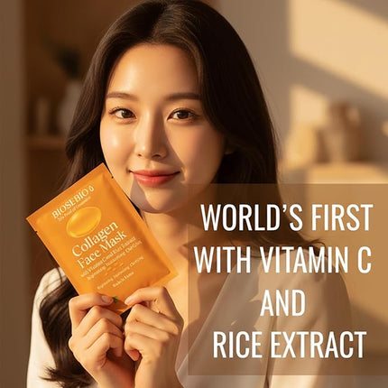 BIOSEBIO Korean Collagen Face Mask – 5 Sheets | Vitamin C & Rice Extract Brightening Sheet Mask for Radiant Glow | Hydrating & Plumping K-Beauty Facial Mask with Hydrolyzed Collagen&Panthenol