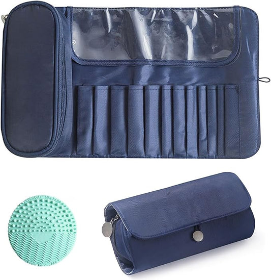 Makeup Brush Bag, Travel Makeup Brush Case Makeup Brush Holder Organizer Cosmetic Bag Portable Roll Up Brush Storage Bag for Makeup Brushes and Cosmetic Essentials (Dark Blue)