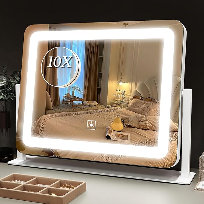 Vanity Mirror with Lights 15"x12", Lighted Makeup Mirror with 10X Magnification, 3 Color Lighting & Dimmable Brightness, Light Up Mirror for Desk, Bedroom, Bathroom