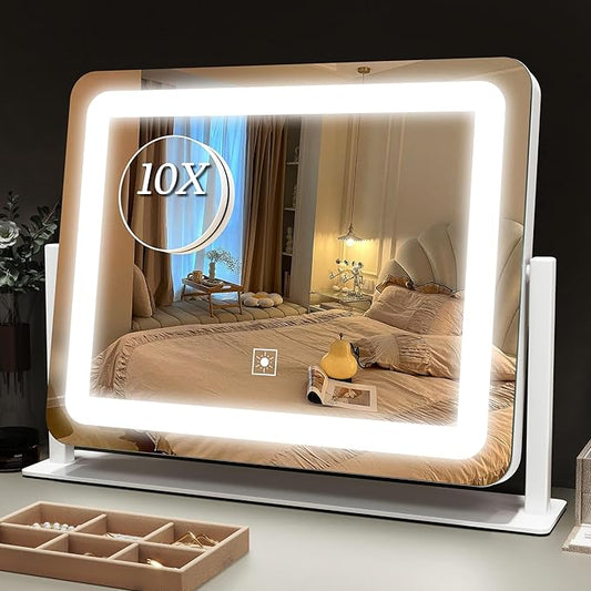 Vanity Mirror with Lights 15"x12", Lighted Makeup Mirror with 10X Magnification, 3 Color Lighting & Dimmable Brightness, Light Up Mirror for Desk, Bedroom, Bathroom