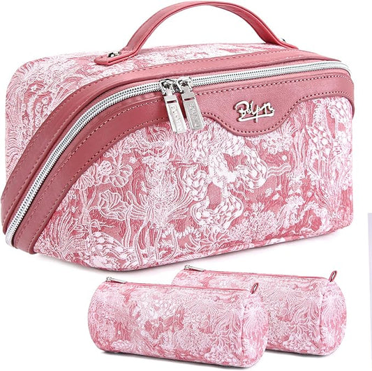 BOYATU Travel Makeup Bag for Women: Large Capacity Make up Bag with Compartments - Vegan Leather Cosmetic Bag set of 3 - Waterproof Toiletry Bag with Handle & Divider(D-04Pink)