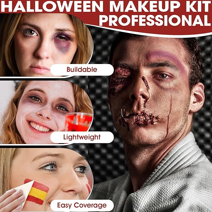 6 Colors Halloween Face & Body Paint + 6pc Sponge + 3pc Brush, Yellow, Purple, Red, Green, Bruise Wheel for SFX, Face Paint, Body Paint Kit for Zombie, Clown, Joker, Alien, Witch Makeup