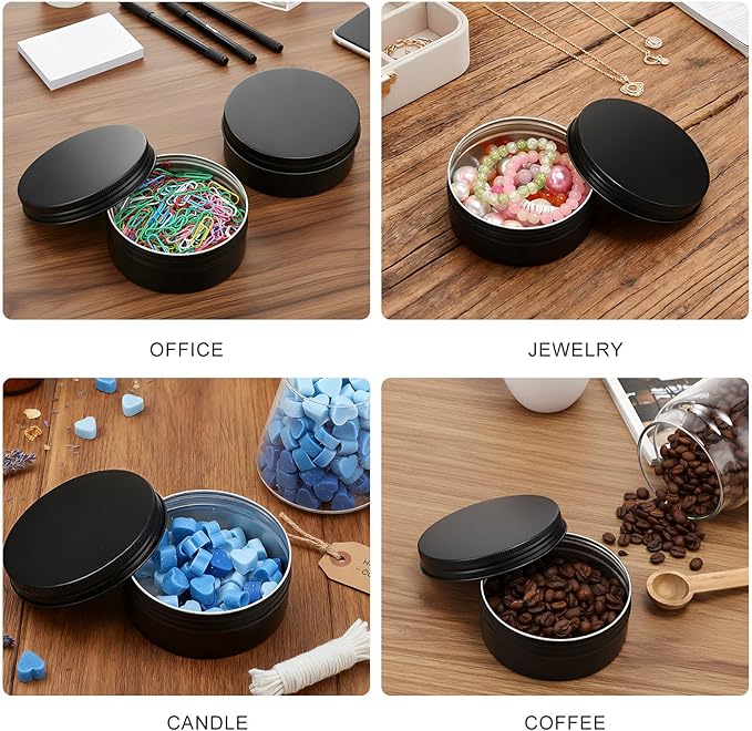 Therwen 48 Pcs Aluminum Tin Jars Containers Metal Leak Proof Cosmetic Tin Jars Containers Round Screw Lids Lip Balm Can Empty Refillable Cosmetic DIY Storage (1.6 x 3.9 Inch,Black)